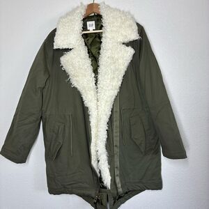 Gap Shearling Collar Parka PrimaLoft Coat Womens Large Green FauxLined Fishtail